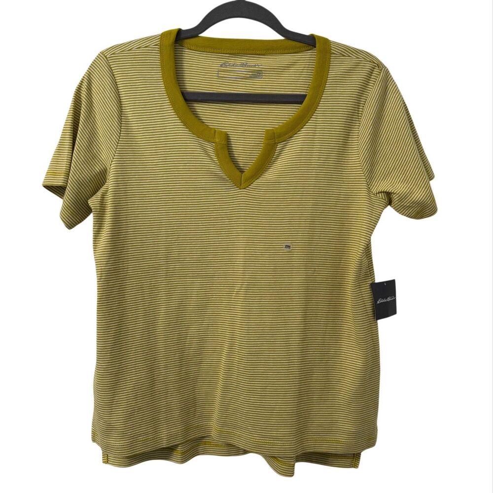 Eddie Bauer Womens Cotton Short Sleeve Shirt‎ Top Medium Mossy Green Striped